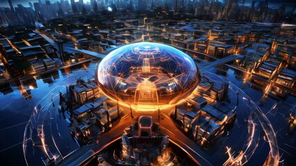 Poster - The concept of a Futuristic high-tech big smart city with computer technology microchips and microchips with processors and transistors to control artificial intelligence