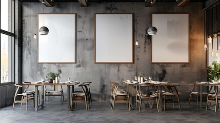 Sticker - Empty restaurant with blank frames on wall, ready for menu or branding