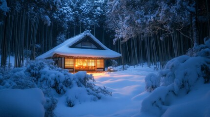 A Traditional Japanese House Illuminated in a Snowy Forest at Night