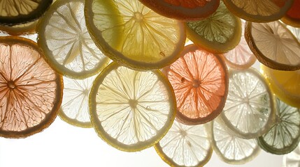 Wall Mural -   A circle of lemon, orange, and grapefruit slices on a white background