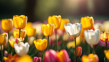 A field of colorful flowers blooms in the warm sun, including yellow and white tulips, giving a peaceful and beautiful atmosphere.