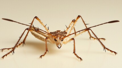 striking creature, the feather-legged assassin bug, displays its unique features with long, slender legs and sharp mandibles, perfectly highlighted against a clean, white backdrop.