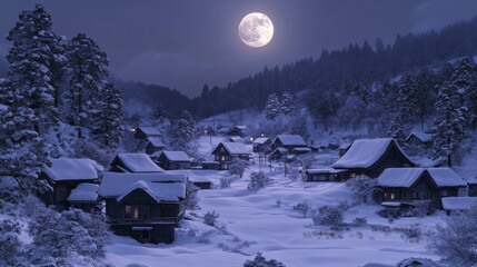 Wall Mural - A Tranquil Snow-Covered Village Under a Full Moon