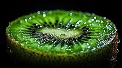 Wall Mural -   Close-up of a kiwi fruit with drops of water on its surface against a dark backdrop