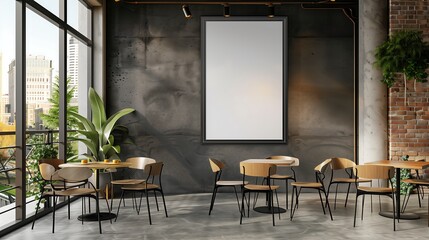 Sticker - Modern cafe interior design with large window, exposed brick wall, and empty frame mockup