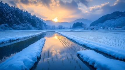 Sticker - Snowy Rice Paddy Field With Sunset Reflection in Water