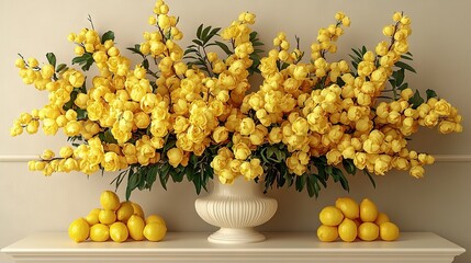 Wall Mural -  A white vase filled with sunshine-yellow blooms sits atop a pristine white shelf, surrounded by bright lemons and lush green foliage