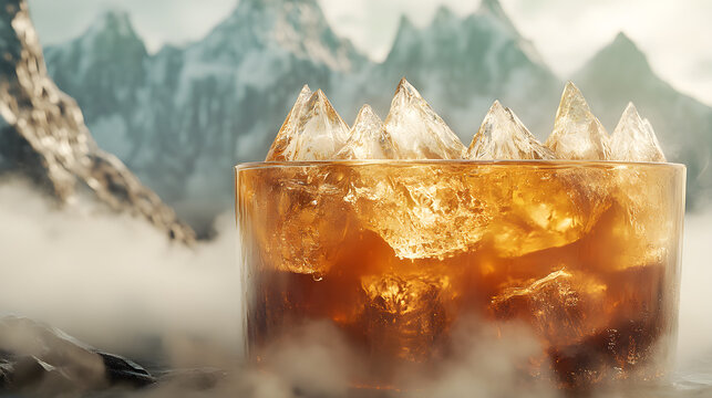 Iced tea with the ice cubes transforming into mountain peaks surrounded by mist