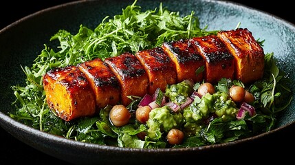 Wall Mural -   A close-up shot of a plate featuring succulent meat atop fresh lettuce with delightful garnishes