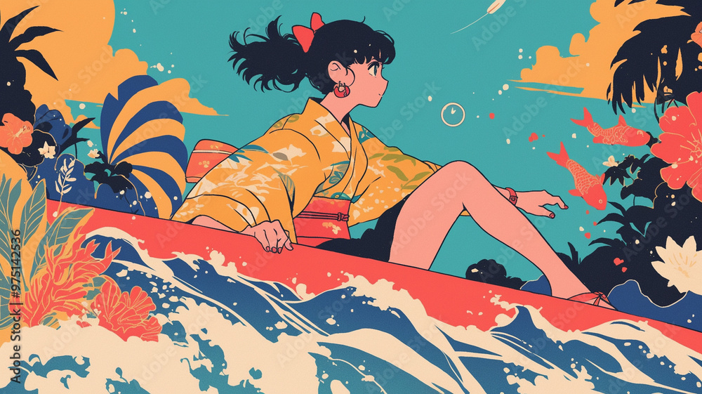 70年代、80年代のシティポップを意識した女性のアニメ風イラスト