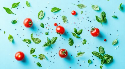 Canvas Print -   A set of tomatoes and basil leaves on a blue background with water droplets on the tomato's tops