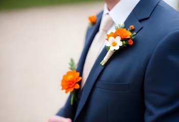 A close-up of a groom's suit with a boutonniere of small flowers pinned to the lapel, with a blurred bride's bouquet in the background