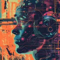 Poster - Abstract digital art portrait with futuristic cyborg head and colorful neon background.