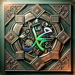 Wall Mural - Prophet Muhammad Arabic letter icon logo with islamic ornamental background, celebration for prophet Mohammed birthday greetings