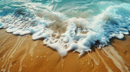 Poster - Closeup of a foamy wave crashing on a sandy beach. Blue water, white foam, and golden sand, summer beach scene.