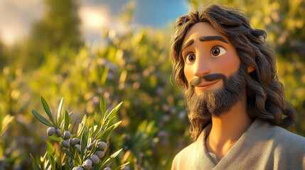 3d cartoon illustration of calm, peaceful, slightly smiling Jesus Christ against the background of an olive grove, Christianity, religion, God, lord, Catholicism, Orthodoxy, faith, believe, man