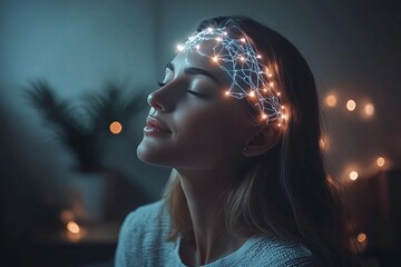 Poster - A serene portrait of a woman meditating with glowing light emanating from her head representing mental clarity mindfulness and the power of peaceful inner thought