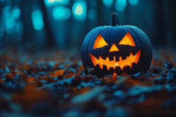 Halloween background featuring glowing jack o  lantern and autumn leaves with blue light effects