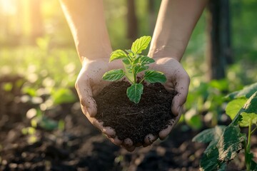 Symbolizing new life  a person holding soil with green plants under sunlight in nature s embrace