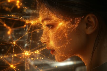 Sticker - A profile of a woman with glowing gold light and interconnected particles around her symbolizing data flow futuristic technology and the network of human thought in a digital world