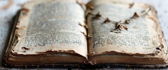 An antique open book with weathered pages and dried flowers placed on top, conveying a sense of history and nostalgia. Ideal for themes related to literature, history, and vintage aesthetics.