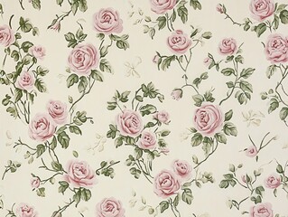 Sticker - Floral Pattern Wallpaper with Pink Roses.