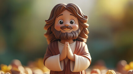 3d cartoon illustration of calm, peaceful, slightly smiling Jesus Christ against the background of an olive grove, Christianity, religion, God, lord, Catholicism, Orthodoxy, faith, believe, man