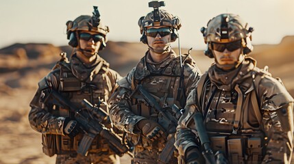 Group of soldiers in full gear, standing together with their faces hidden behind helmets and masks