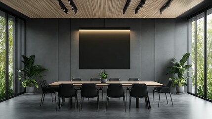 Modern meeting room featuring a wooden table, black chairs, indoor plants, and large windows offering a view of lush greenery.