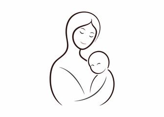 Wall Mural - Mom holding a new born baby Line art vector 