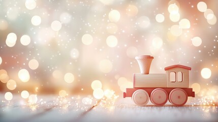 A watercolor image of a wooden toy train positioned against a soft bokeh background, evoking a sense of childhood nostalgia and adventure.