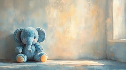 A stuffed elephant toy painted in watercolor, sitting in a peaceful setting with soft lighting and a calm bokeh background.