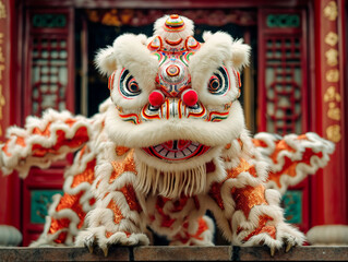 Wall Mural - A large, furry, orange and white lion with red eyes stands in front of a red door