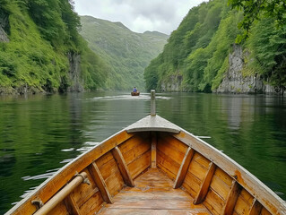 Wall Mural - A boat is in the middle of a river with a person in the front. The boat is wooden and has a person in it