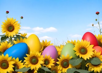 Wall Mural - Colorful Easter eggs among yellow sunflowers in a field against a blue sky