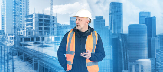 Poster - man builder. construction company manager. man from construction office. experienced builder near un
