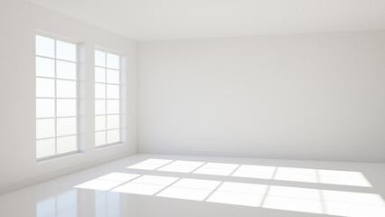 Poster - Empty room. Apartment with white walls. Visualization of empty real estate. Room with large windows. Sun rays are reflected on floor. Bright apartment with nothing. Empty room interior. 3d image