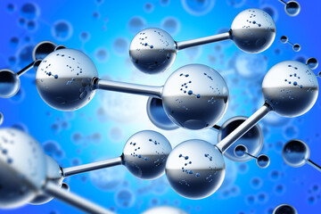 Poster - Hydrogen background. H2 molecules on blue. Hydrogen background. Science wallpaper for website. Hydrogen decorations for design. H2 atoms under microscope. Scientific background. 3d image