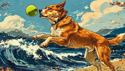 An energetic dog leaps mid-air to catch a green tennis ball, set against a vibrant ocean backdrop with waves crashing. The sky is adorned with clouds and a hint of autumn leaves.