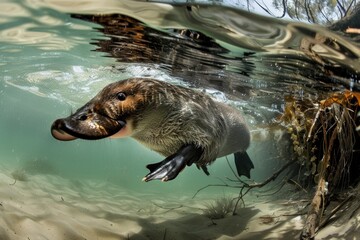 Platypus swimming underwater in clear river habitat AI