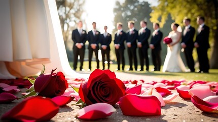 Pink rose petal confetti scattered on the ground at a wedding, symbolizing romance and celebration (22)