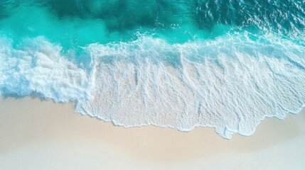 Sticker - Aerial View of Turquoise Ocean Waves Crashing on White Sandy Beach