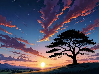 Wall Mural - A serene silhouette of a lone tree against a colorful sunset sky, manga art 