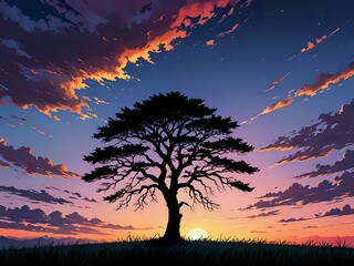 Wall Mural - A serene silhouette of a lone tree against a colorful sunset sky, manga art 