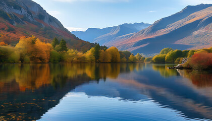 Sticker - Beautiful autumn lake scenery with serene waves reflecting mountains.