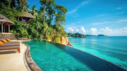 Poster - Elegant resort with infinity pool overlooking a tropical beach, offering a luxurious and relaxing travel experience in a stunning setting