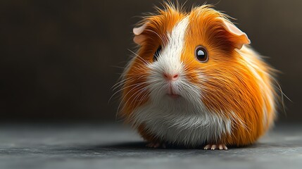 A cute, fluffy guinea pig with orange and white fur looking at the camera with big, dark eyes.