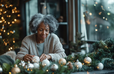 An Afro-American senior woman enjoys a nature-inspired Christmas celebration with zero-waste