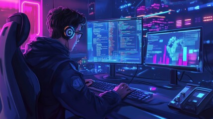 Wall Mural - Gamer in a Neon Lit Room