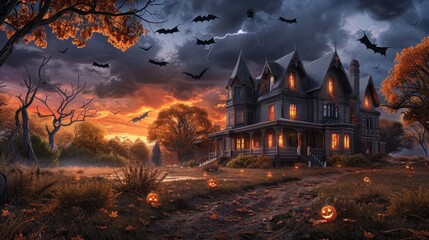 Wall Mural - Spooky Haunted Mansion with Jack O Lanterns and Bats at Twilight